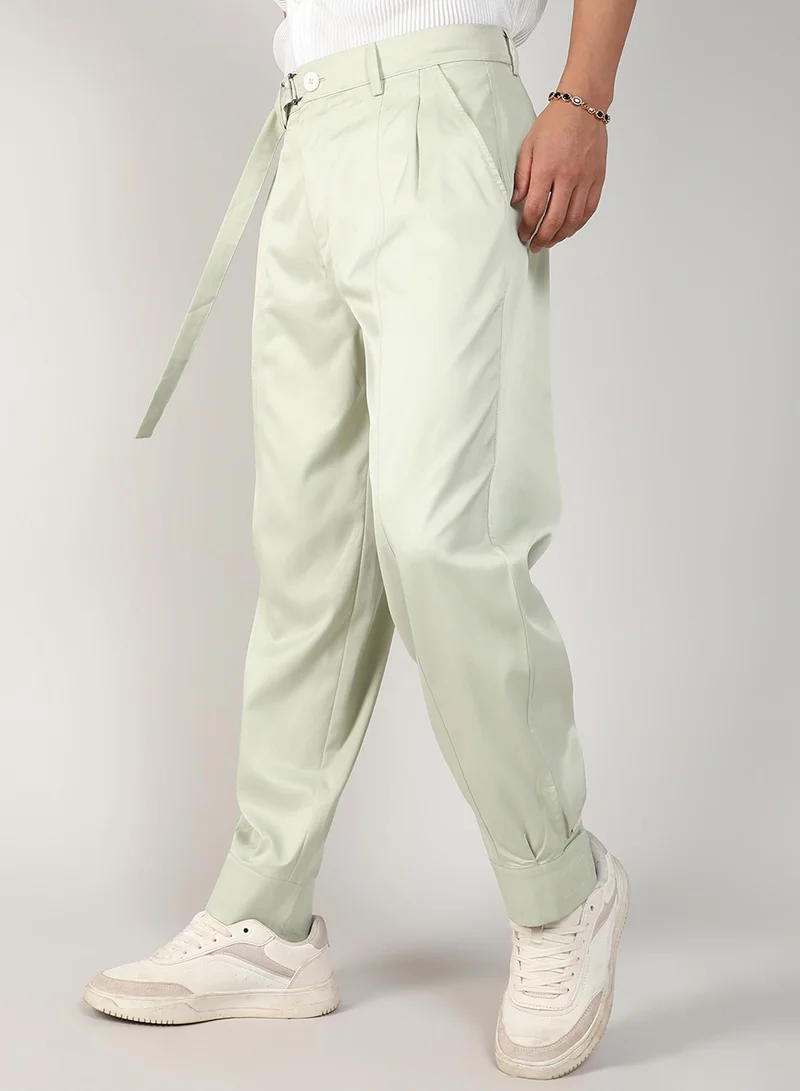 CAHOOT  Men's Pale Green Satin Tapered Trousers For Casual Wear | Tailored Fit | 4 Pockets | Button Closure | Trousers Crafted With Comfort Fit For Everyday Wear for Men | Best Price UAE